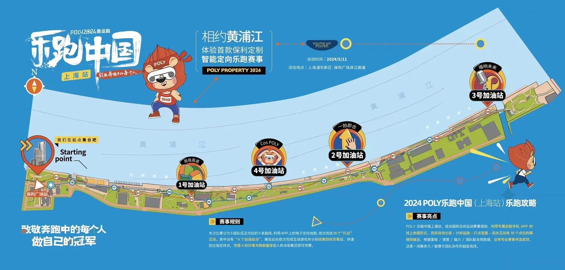 上海站活动路线图,沿黄浦江设置互动点与现场加油站。
